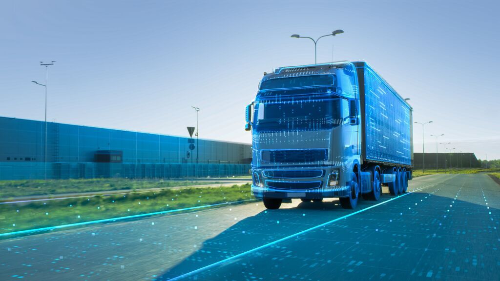None-Stock-Advanced Technology Concept_ Big White Semi-Truck with Cargo Trailer Drives on the Road is Transformed with Graphics