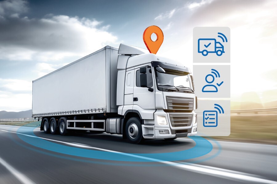 LKW jelölő tűvel és különböző telematikai szimbólumokkal